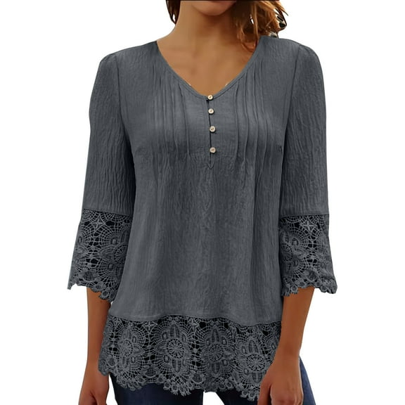 TKLPEHG Summer Shirts for Women V Neck Button Lace Patchwork Three Quarter Sleeved T-Shirt Lightweight Solid Color Casual Loose Going Out Tops Summer 3/4 Sleeve T Shirts Blouses(Dark Gray,XL)