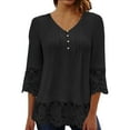 thumbnail image 1 of TKLPEHG Summer Shirts for Women V Neck Button Lace Patchwork Three Quarter Sleeved T-Shirt Lightweight Solid Color Casual Loose Going Out Tops Summer 3/4 Sleeve T Shirts Blouses(Black,M), 1 of 8