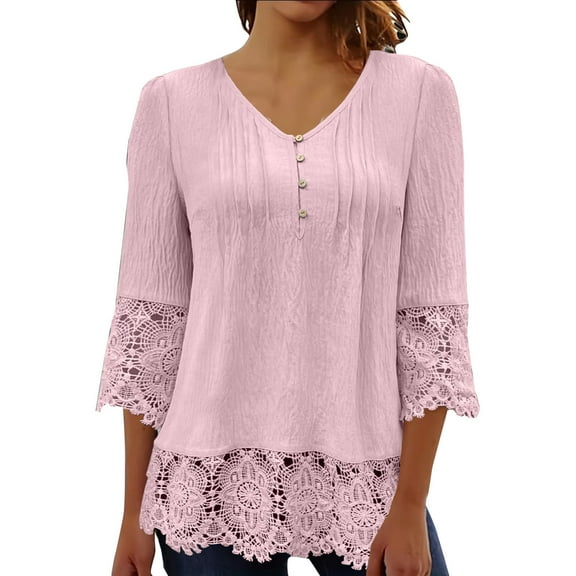 TKLPEHG Summer Shirts for Women V Neck Button Lace Patchwork Three Quarter Sleeved T-Shirt Lightweight Solid Color Casual Loose Going Out Tops Summer 3/4 Sleeve T Shirts Blouses(Pink,M)