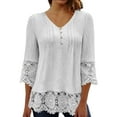 thumbnail image 1 of TKLPEHG Summer Shirts for Women V Neck Button Lace Patchwork Three Quarter Sleeved T-Shirt Lightweight Solid Color Casual Loose Going Out Tops Summer 3/4 Sleeve T Shirts Blouses(White,XXL), 1 of 8