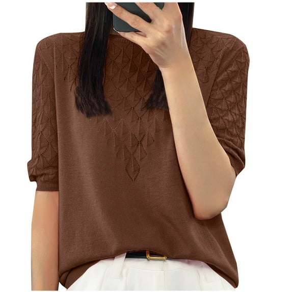 TKLPEHG Summer Short Sleeve Tops for Women Crew Neck Tunic Shirts Casual Loose Fitted Classic Solid Color Tshirt Basic Tops Summer Blouses (Coffee,S)