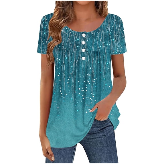 TKLPEHG Summer Short Sleeve Tunic Tops for Women Crew Neck Button Pleated Tunic Shirts Loose Fitted Basic Tops Casual Classic Fashion Print Tshirt Summer Womens Clothes (Light Blue,L)