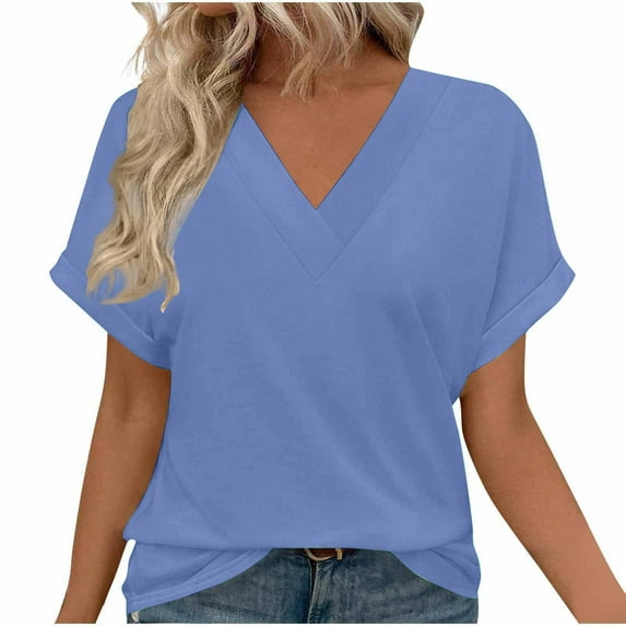 TKLPEHG Summer Short Sleeve Tunic Tops for Women V-Neck Tunic Shirts Casual Classic Solid Color Tshirt Loose Fitted Basic Tops Summer Blouses (Light Blue,XL)