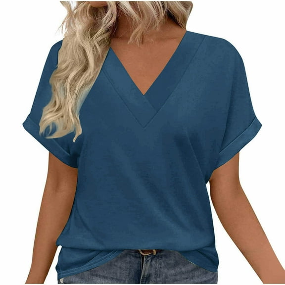 TKLPEHG Summer Short Sleeve Tunic Tops for Women V-Neck Tunic Shirts Casual Classic Solid Color Tshirt Loose Fitted Basic Tops Summer Blouses (Navy,L)