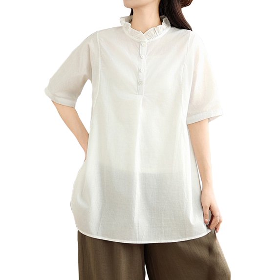 TKLPEHG Summer Tops for Women Crew Neck Cotton Linen Button Shirts Western Outfit for Women Leisure Solid Color Short Sleeve Blouses Fashion Lightweight Regular Blouses (White,M)