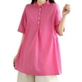 thumbnail image 1 of TKLPEHG Summer Tops for Women Crew Neck Cotton Linen Button Shirts Western Outfit for Women Leisure Solid Color Short Sleeve Blouses Fashion Lightweight Regular Blouses (Hot Pink,XL), 1 of 7