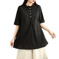 thumbnail image 1 of TKLPEHG Summer Tops for Women Crew Neck Cotton Linen Button Shirts Western Outfit for Women Leisure Solid Color Short Sleeve Blouses Fashion Lightweight Regular Blouses (Black,XL), 1 of 9