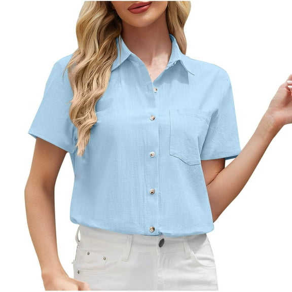 TKLPEHG Summer Tops for Women Lapel Button Shirts with Pocket Short Sleeve T Shirts Loose Fitted Solid Color Tshirt Dressy Casual Blouses Fashion Womens Clothes (Light Blue,M)