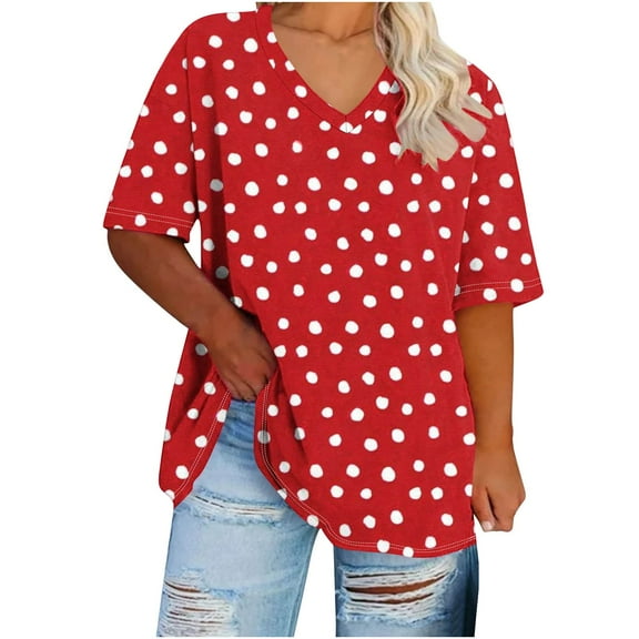 TKLPEHG Summer Tops For Women Short Sleeve Plus Size V-Neck Tunic Tops Fashion Summer Casual Loose Polka Dots Print Graphic Tee Comfy Outfits (Red,XXL)