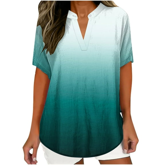 TKLPEHG Summer Tops for Women Short Sleeve T Shirts Fashion Short Sleeve T Shirts Lightweight Summer Gradient Color Graphic Tee Casual Loose V Neck Pleated Tunic Tops Blouses(Light Blue,XL)