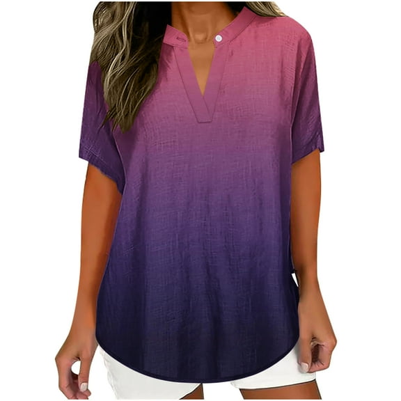 TKLPEHG Summer Tops for Women Short Sleeve T Shirts Fashion Short Sleeve T Shirts Lightweight Summer Gradient Color Graphic Tee Casual Loose V Neck Pleated Tunic Tops Blouses(Purple,XXL)