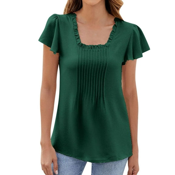 TKLPEHG Summer Tops for Women Square Neck Ruffle Sleeve Pleated Shirt Casual Loose Shirts Short Sleeve T Shirts Fashion Solid Color Going Out Tops Blouses (Green,XXL)