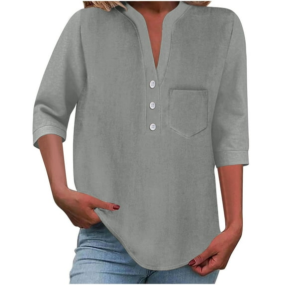TKLPEHG Summer Tops for Women V-Neck Button Tops With Pocket Lightweight Regular Leisure Western Outfit for Women Solid Color Graphic Tee Short Sleeve Blouses Fashion (Gray,M)
