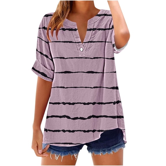 TKLPEHG Summer Tops for Women V-Neck Button Tunic Shirts Lightweight Regular Western Outfit for Women Leisure Striped Print Graphic Tee Short Sleeve Blouses Fashion Blouses (Pink,S)