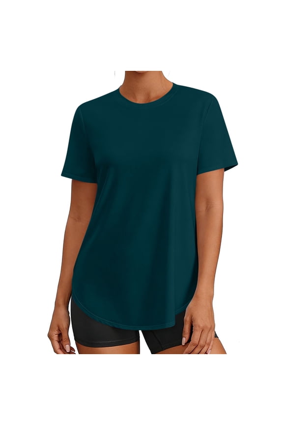 Summer Tops for Women Solid Color Crew Neck Curved Hem T-Shirt Casual Short Sleeve Tshirts Loose Fit Dark Blue,XXL