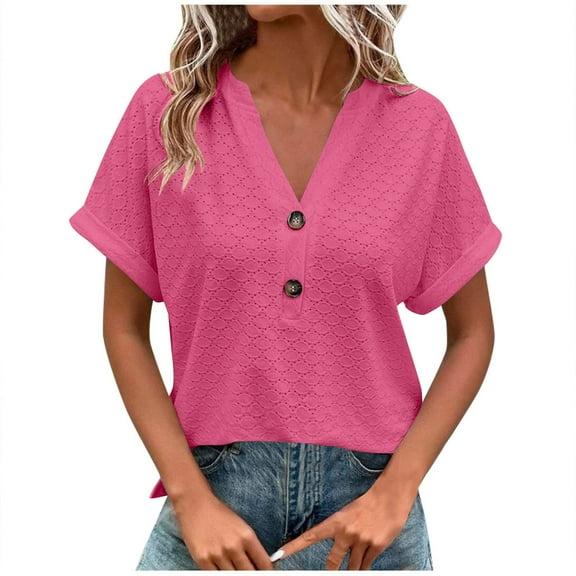 TKLPEHG Summer Tops for Women Trendy Short Sleeve V Neck Eyelet Shirts Dressy Casual Loose Ladies Blouses Going Out Tops (Hot Pink,L)
