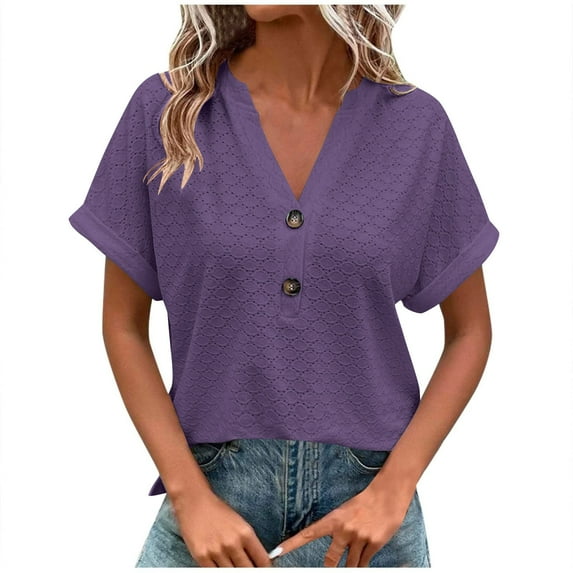 TKLPEHG Summer Tops for Women Trendy Short Sleeve V Neck Eyelet Shirts Dressy Casual Loose Ladies Blouses Going Out Tops (Purple,XXXL)