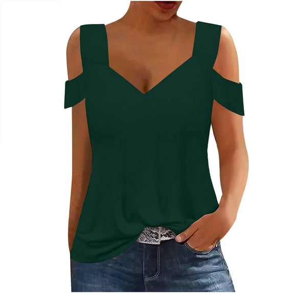 TKLPEHG Summer Tops for Women V-Neck Cold Shoulder Top Short Sleeve T Shirt Loose Lightweight Casual Comfy Fashion Solid Color Blouses (Green,M)