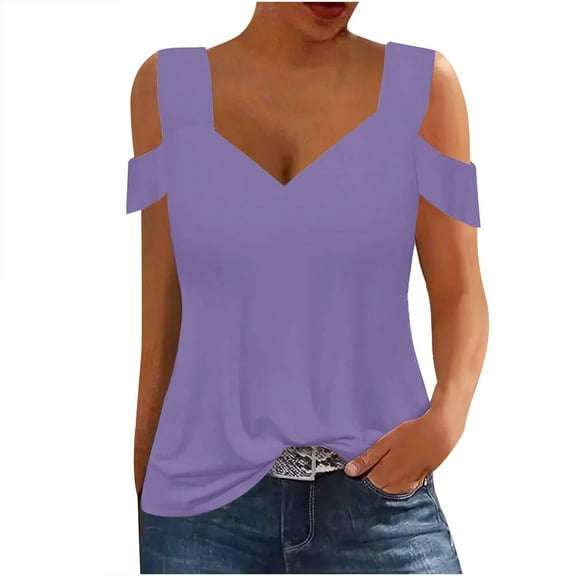 TKLPEHG Summer Tops for Women V-Neck Cold Shoulder Top Short Sleeve T Shirt Loose Lightweight Casual Comfy Fashion Solid Color Blouses (Purple,S)