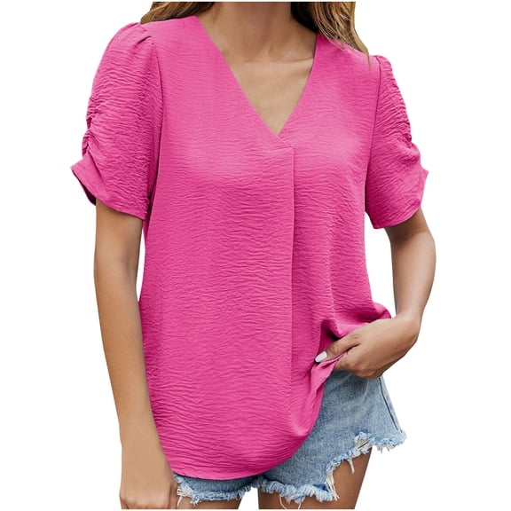 TKLPEHG Summer Tops for Women V-Neck Elegant Shirt Solid Color Lightweight Loose Short Sleeve T Shirt Fashion Casual Comfy Blouses (Hot Pink,L)