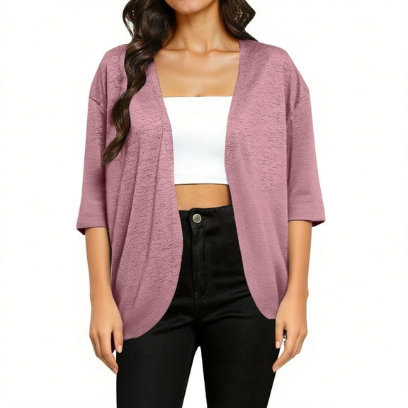 TKLPEHG Summer Womens Cardigan Lightweight 3/4 Sleeve Open Front Cardigans Coats Kimono Beach Vacation Cover up (Pink,S)