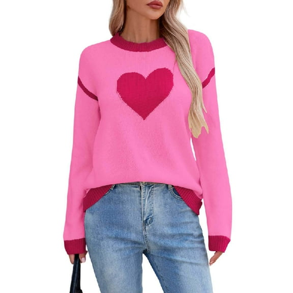 TKLPEHG Sweaters for Women Casual Long Sleeve Crewneck Heart Graphic Sweater Fashion Cute Pullover Tops Valentines Day Sweaters for Women (Pink,XL)