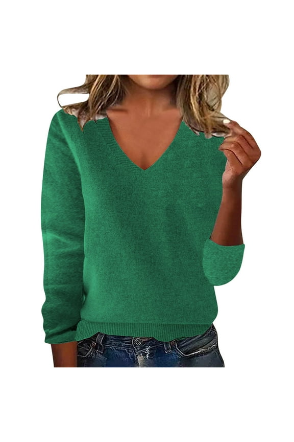 Sweaters for Women V Neck Long Sleeve Comfy Knitted Pullover Warm Lightweight Casual Sweater Tops (Green,M)