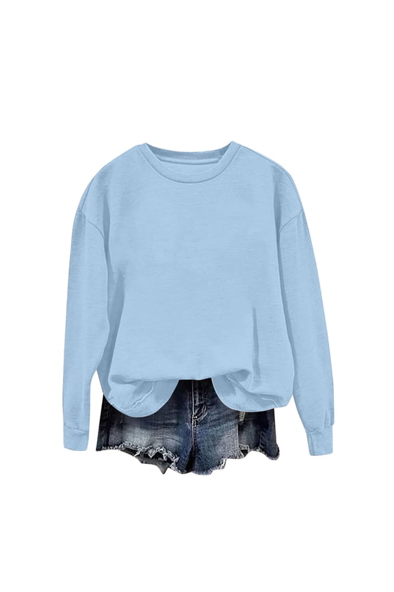 Sweatshirt for Women Crew Neck Hoodless Sweatshirts Classic Solid Color Casual Long Sleeve Fashion Loose Lightweight Pullover (Blue,XXL)