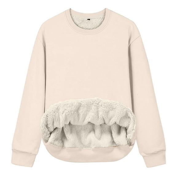 TKLPEHG Sweatshirt for Women Crew Neck Winter Fleece Sweatshirt Casual Lightweight Classic Solid Color Loose Fashion Long Sleeve Pullover (Beige,L)
