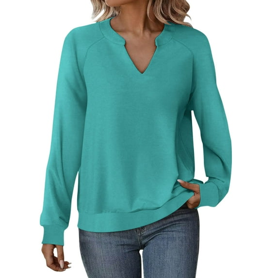 TKLPEHG Sweatshirt for Women Fall Fashion Casual Long Sleeve V Neck Sweatshirts Solid Color Loose Fit Pullover Tops (Green,L)