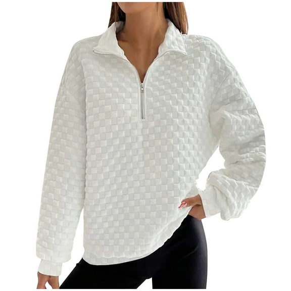 TKLPEHG Sweatshirt for Women Zipper Lapel Sweatshirt Tops Long Sleeve Fashion Casual Lightweight Loose Classic Solid Color Pullover (White,S)