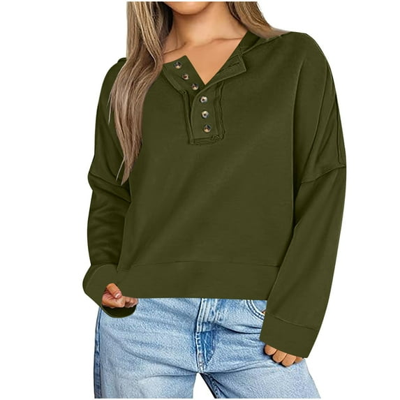 TKLPEHG Sweatshirts for Women Trendy Button V Neck Sweatshirt Casual Lightweight Classic Solid Color Loose Fashion Long Sleeve Pullover (Army Green,XL)