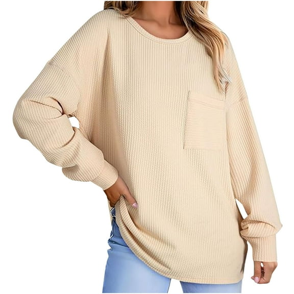 TKLPEHG Sweatshirts for Women Trendy Crew Neck Sweatshirt with Pocket Lightweight Loose Casual Long Sleeve Classic Solid Color Fashion Pullover (Beige,L)