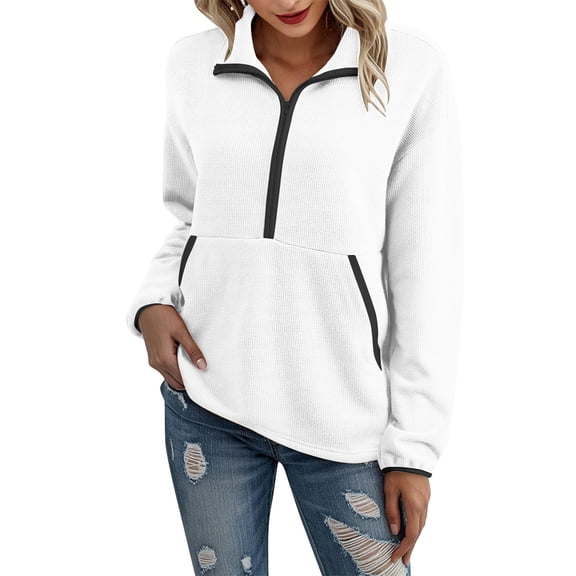 TKLPEHG Sweatshirts for Women Half Zip Pullover Casual Long Sleeve Sweatshirt Solid Color Loose Pullover Tops with Pockets (White,M)