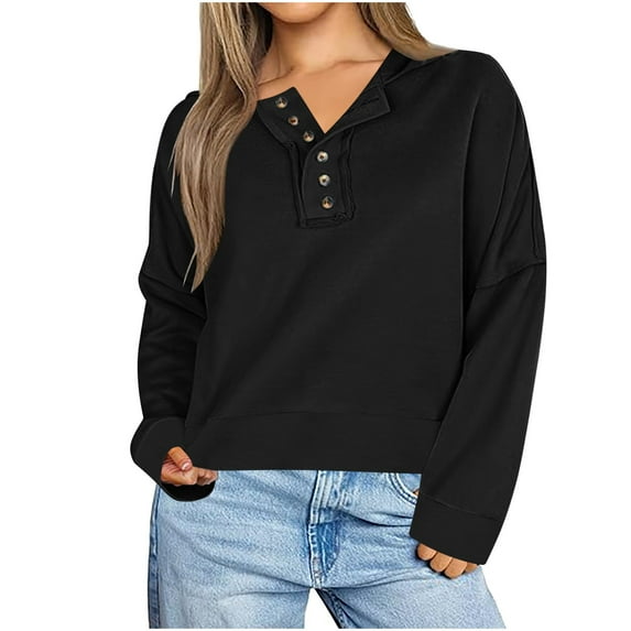 TKLPEHG Sweatshirts for Women Trendy Button V Neck Sweatshirt Casual Lightweight Classic Solid Color Loose Fashion Long Sleeve Pullover (Black,XL)