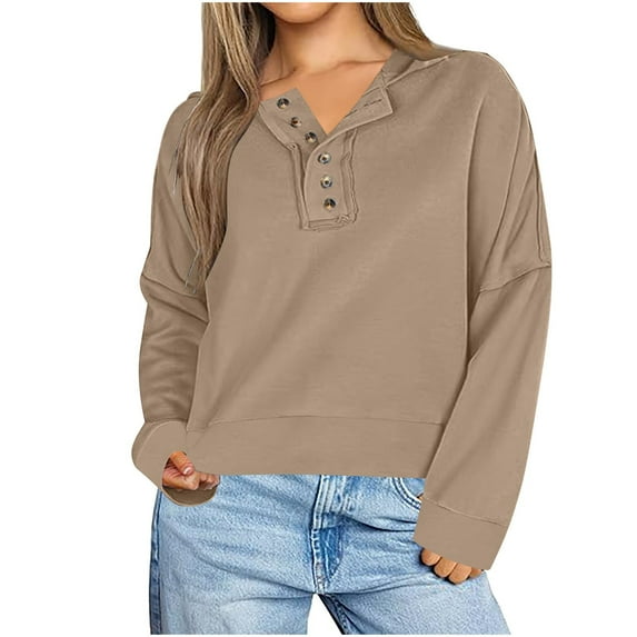 TKLPEHG Sweatshirts for Women Trendy Button V Neck Sweatshirt Casual Lightweight Classic Solid Color Loose Fashion Long Sleeve Pullover (Khaki,M)