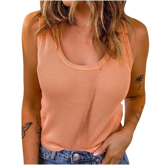 TKLPEHG Tank Top for Women Crew Neck Basic Tank Top Casual Summer Clothes Lightweight Sleeveless T Shirt Fashion Comfy Solid Color Loose Blouses (Orange,S)