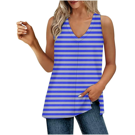TKLPEHG Tank Top for Women V-Neck Tank Tops Fashion Striped Print Going Out Tops Casual Summer Sleeveless T Shirts Loose Shirts Blouses (Blue,XL)