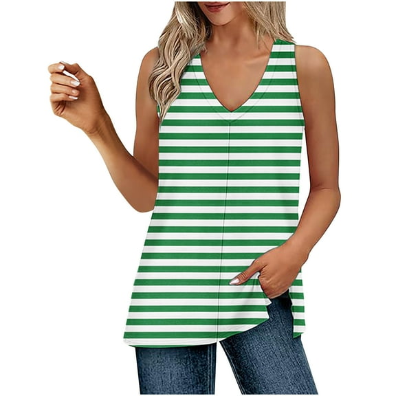 TKLPEHG Tank Top for Women V-Neck Tank Tops Fashion Striped Print Going Out Tops Casual Summer Sleeveless T Shirts Loose Shirts Blouses (Green,L)