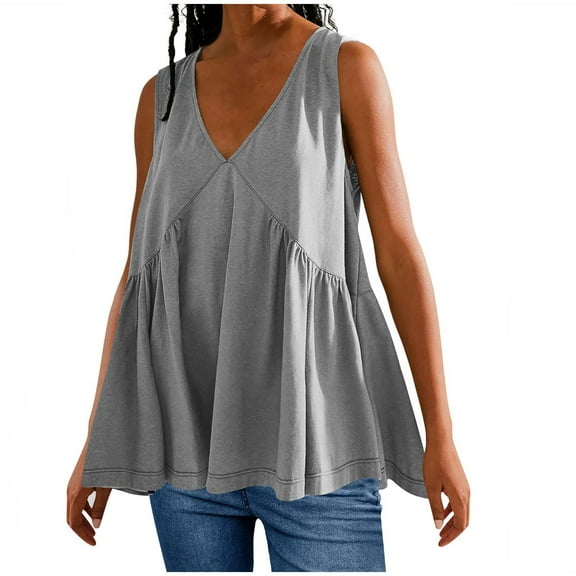 TKLPEHG Tank Tops for Women 2025 V-Neck Pleated Tank Top Fashion Solid Color Loose Sleeveless T Shirt Casual Comfy Summer Clothes Lightweight Blouses (Gray,S)