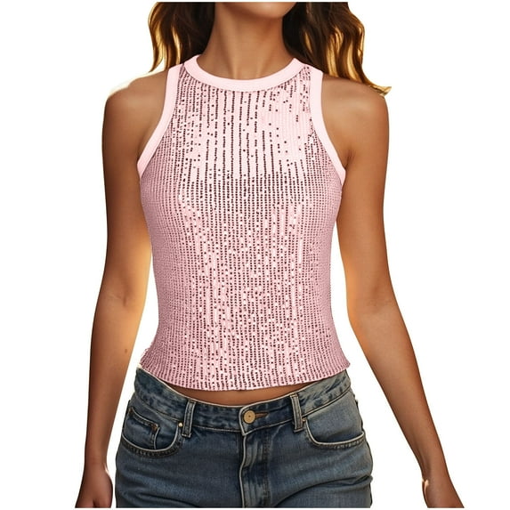 TKLPEHG Tank Tops for Women Crew Neck Sequined Tank Top Sleeveless Blouses Western Outfit for Women Fashion Leisure Lightweight Regular Solid Color Graphic Tee Blouses (Pink,M)