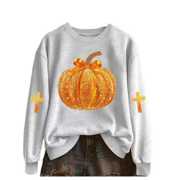 TKLPEHG Thanksgiving Pumpkin Sweatshirt for Women Fashion Fall Pumpkin Graphic Sweatshirts Long Sleeve Round Neck Thanksgiving Gifts Fall Tops (White,M)