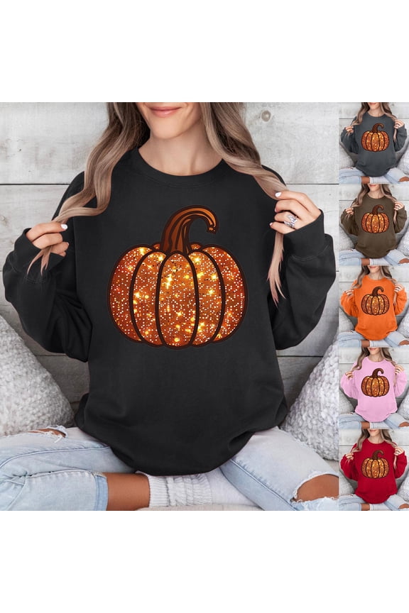 Thanksgiving Pumpkin Sweatshirt for Women Funny Fall Pumpkin Graphic Sweatshirts Long Sleeve Pullover Tops (Black,L)