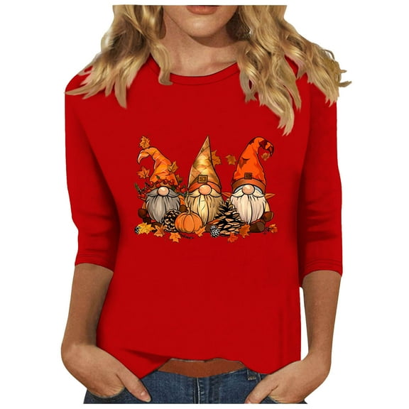 TKLPEHG Thanksgiving Shirts for Women 3/4 Sleeve Tops Round Neck Fall Fashion Funny Gnome Graphic Shirts Pullover (Red,S)
