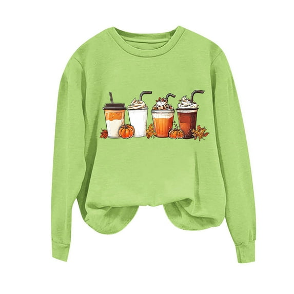 TKLPEHG Thanksgiving Sweatshirts for Women Fall Pumpkin Coffee Graphic Sweatshirts Fleece Long Sleeve Tops Crewneck Pullover (Green,XL)