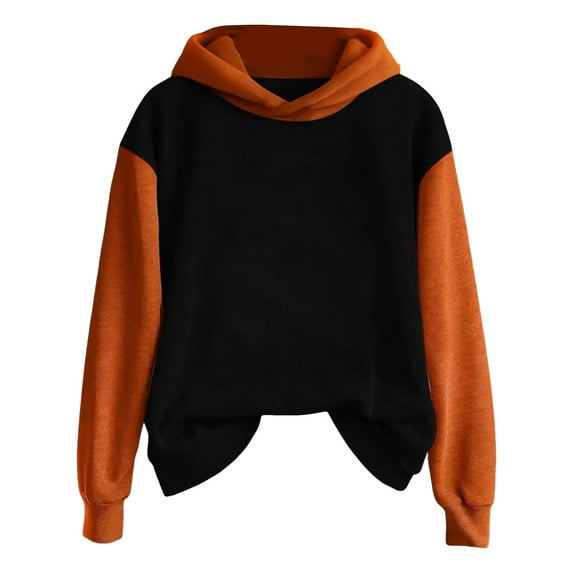 TKLPEHG Thanksgiving Sweatshirts for Women Long Sleeve Hoodies Plus Size Color Block Hooded Thanksgiving Tops Fashion Comfy Pullover (Black,L)