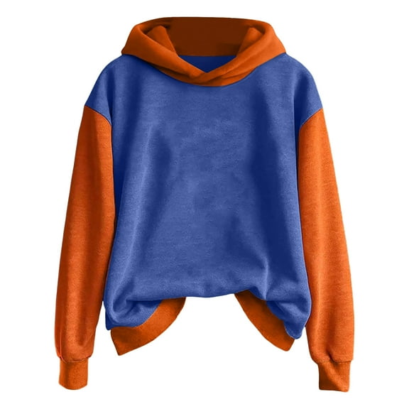 TKLPEHG Thanksgiving Sweatshirts for Women Long Sleeve Hoodies Plus Size Color Block Hooded Thanksgiving Tops Fashion Comfy Pullover (Blue,M)