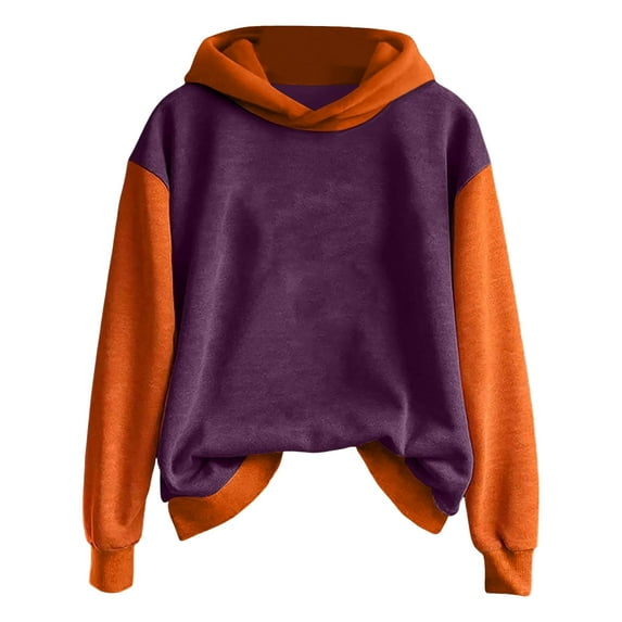 TKLPEHG Thanksgiving Sweatshirts for Women Long Sleeve Hoodies Plus Size Color Block Hooded Thanksgiving Tops Fashion Comfy Pullover (Purple,XXXL)