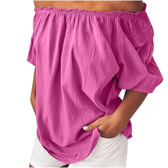 TKLPEHG Tops for Women Summer Off Shoulder Cotton Linen Top Lightweight Fashion Western Outfit for Women Solid Color Graphic Tee Regular Short Sleeve Blouses Leisure Blouses (Hot Pink,XXXXL)