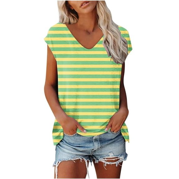TKLPEHG Tops for Women Trendy Loose Casual Summer Round Neck Tshirts Short Sleeve T Shirts Lightweight Striped Print Graphic Tee Going Out Tops Blouse(Army Green,XXL)
